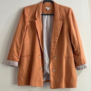 Linen Blend Notch Collar Oversized Blazer Lined Open Front Relaxed Neutral Cuff